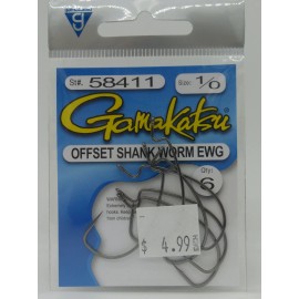 Gamakatsu 1/0 Offset Shank Worm EWG Hooks 1 pack of 6 St# 58411