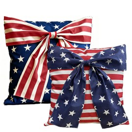 4th of July Pillow Covers 18x18 Set of 2 Patriotic Throw Pillow Covers American Decorative Independence Memorial Day Party Decor for Sofa Couch Living Room Classroom (2, Blue Red Bow, 18x18)