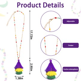 ABTOLS Mardi Gras Pendant Necklace for Women, Purple Green Yellow Tassel Colorful Bead Necklace for Mardi Gras Parade Masquerade Costume Party Favor Supplies