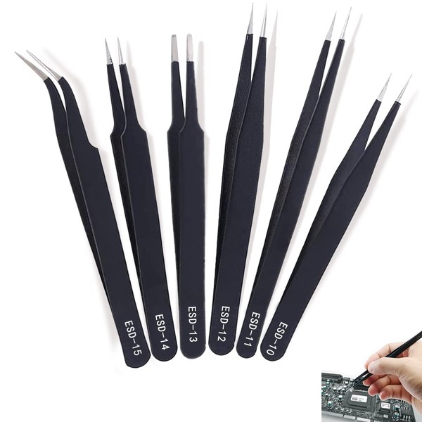 6-Piece Precision Tweezers Set Anti-Static, Multi-Function Stainless Steel Tweezers Set,