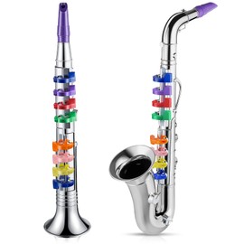 Amylove Set of 2 Musical Instruments Including Toy Clarinet Saxophone Plastic Saxophone Finish Toy Instruments Clarinet with 8 Colored Keys for Music Little One Home School Music Gift(Silver)