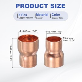 PATIKIL 銅製レデューサー 5/8" から 1/2" ID 5 個 銅製カップリング圧力継手パイプチューブコネクタアダプタ 汗はんだ接続付き HVAC 冷凍用 銅製