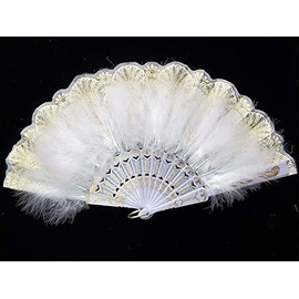 Happy Feather Embroidered Flower Marabou Feather Fan, 1920s Vintage Style Flapper Hand Fan for Costume Party Dancing-White