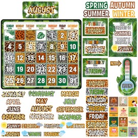 Cholemy 85 Pcs Safari Animal Calendar Bulletin Board Set Jungle Theme Classroom Decorations with Numbers Month Weather Back to School Tropical Theme Chalkboard Wall Classroom Decoration