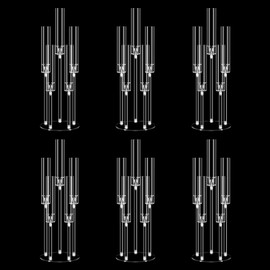6 Set 26.8'' Tall Acrylic Candelabra Centerpieces for Wedding Table Decorations,Clear 5 Arms Candlesticks Holder with Acrylic Shade for Candlelight Dinner Party Fireplace Gift Fit LED Candle