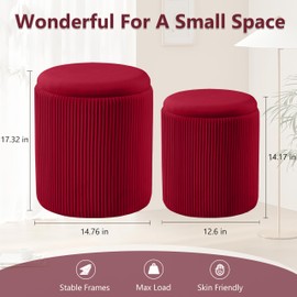 Round Ottoman with Storage Set of 2 Multifunctional Vanity Stool for Makeup Lines Support 300lbs Upholstered Velvet Foot Rest Coffee Table Padded Seat for Living Room