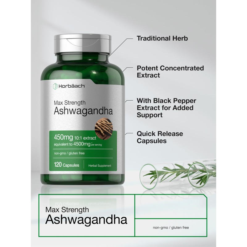 Horbäach Ashwagandha Supplement | 120 Capsules | with Black Pepper