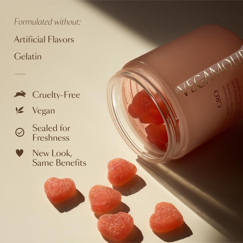 VEGAMOUR GRO Biotin Gummies, Strawberry Flavor with 5000 mcg Biotin,
