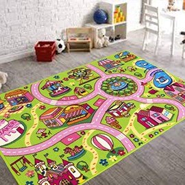 Handcraft Rugs-Pink City Roads Kids Non-Slip Rugs Pink and Multi / Educational Road Traffic Play Mat for Bedroom Play Room Game Safe Area-5 Ft. by 7 Ft.