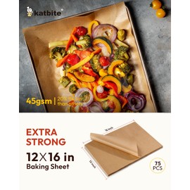 Katbite 75Pcs Unbleached Parchment Paper Sheets 12x16IN, Pre-Cut Heavy Duty Parchment Baking Paper, Non-Stick Half Sheet Brown Baking Parchment Paper for Air Fryer, Baking Cookie Pans, Oven