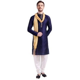Maple Clothing - Pijama Kurta para hombre, poliéster, seda, india, para boda, fiesta, ropa, Azul con bufanda, Small