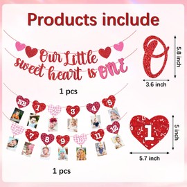 Valentine's Day 1st Birthday Photo Banner Our Little Sweetheart Is One Banner,Happy Valentine’s Day Theme for One Year Old Kids Boy Girl First Birthday Party Supplies.