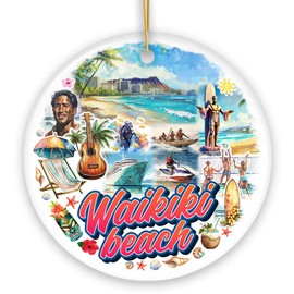 Waikiki Beach Hawaiian Paradise Ornament, Pacific Island Cultural and Souvenir (Circle)
