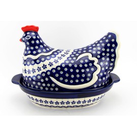 Polish Pottery Market Hen Shaped Covered Baker, Handcrafted by Zaklady Boleslawiec - 11" Length, Polish Stoneware - Oven Safe - Floral Peacock Pattern