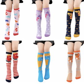 FedMois 6 Pairs Girls Knee High Long Socks Cotton Animal Stockings 3-10 Years, dinosaurs