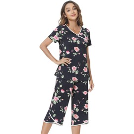 NACHILA Women’s Pajamas-Viscose Made from Bamboo, Short Sleeve Pjs Top with Capri Pajama Sets for Women Cool V Neck Sleepwear Navy Rose X-Large
