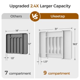 ukeetap Extra Large Expandable Silverware Organizer, BPA-Free Food-Safe Cutlery Flatware Organizer, Kitchen Utensil Drawer Organizer, Adjustable Silverware Holder for Spoons Forks Knives, White