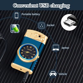 RSBYE Electric Lighter USB Rechargeable Lighter, Windproof Dual Arc Plasma Lighter Lighter, Flameless Electronic Cool Lighters with LED Battery Indication for Men (Blue Clock)