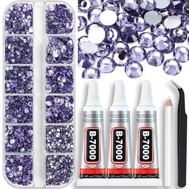 Towenm B7000 - Pegamento calcomanía para joyas con diamantes de imitación para manualidades, 4000 piezas de color morado claro con parte trasera plana, diamantes de imitación con lápiz recogedor de