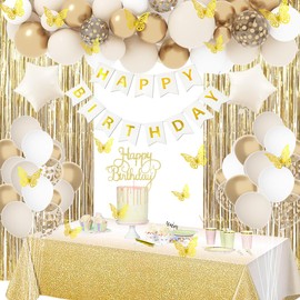 Gold Birthday Decorations for Women, Gold White Birthday Decorations Sand White Beige Neutral Gold Balloons Table Cloth Curtains Happy Birthday Banner Butterfly Boho Birthday Party Decorations