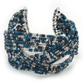 Avalaya Boho Blue/Silver/Turquoise Coloured Glass Bead Plaited Flex Cuff Bracelet - Adjustable