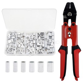 Wire Rope Crimping Tool Kit,Fishing Crimping Pliers with 5 Sizes Aluminum Copper Double Crimp Sleeves Heavy Duty Wire Leader Rope Crimper Plier Fishing Line Crimp Sleeves 4 Size Crimping