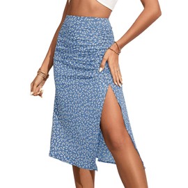 OYOANGLE Falda midi de verano con estampado floral bohemio de cintura alta con abertura en el muslo para mujer, Azul, S