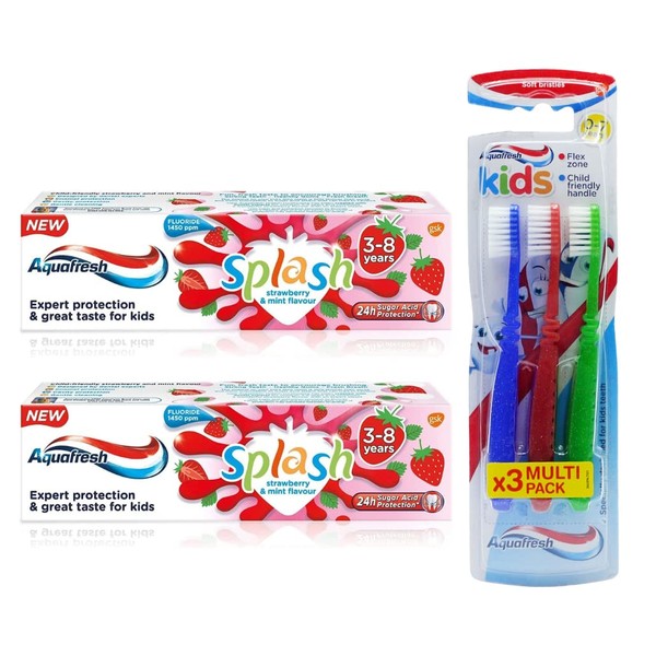 2 x Aquafresh Splash Toothpaste 3-8 Years Strawberry & Mint Flavour 50ml Bundled with Kids 0-7 Years Soft Bristles Toothbrush, Pack of 3