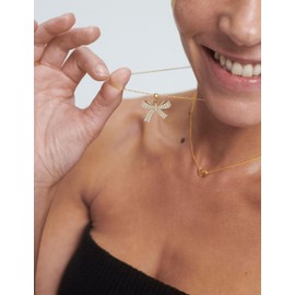 Airrty Bow Necklace for Women, 14k Gold Plated Shining Rhinestone Bowknot Necklace Choker, Link Adjustable, Cute Tiny Bow Knot Chain for Valentine's Day Gifts, Gold Plated, Cubic Zirconia
