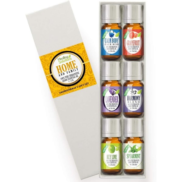 Healing Solutions - Home & Family Essential Oils Set (6x10ml) for Gift Diffusers, Aromatherapy (Calm Body Calm Mind, Lavendee and More)