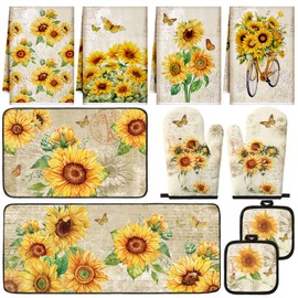 Fourluoo 10 Pcs Sunflower Kitchen Dish Towels Rugs Oven Mitts and Pot Holders Set Farmhouse Kitchen Decor Set for Women Mom Daughter Gift Cooking Baking Grilling (Retro Yellow)