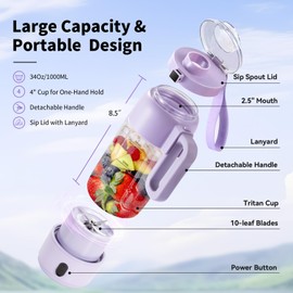 Mixido Portable Blender, 34oz Compact Cordless Mixer for Iced Shakes Smoothies, Fast Charging, BPA-Free Leakproof Sip Lid & Lanyard, Family Personal Size Small Travel Blender Food Processor (Purple)