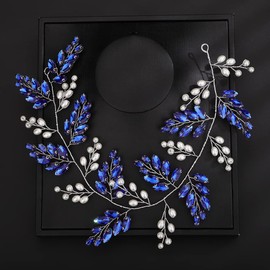 Deniferymakeup Wedding Crystal Pearl Hair Vine Bridal Rhinestone Headband Handmade Wedding Headpiece Crystal Hair Pieces Hair Accessories for Bride Women Girls (Deep Blue)