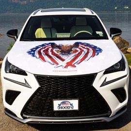 Hood's Flags] American Eagle Car Hood Cover 63"x47" (160x120cm) – Bald Eagle Design – Universal Fit for Cars, SUVs, or Pickup Trucks – Stretch Polyester Spandex – Weather-Resistant with Fasteners