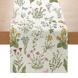 Spring Table Runner, Modern Table Runner Wild Flowers Table Runner for Kitchen, Dining Room & Outdoor, Washable Table Decoration for Garden, Summer Party, Vintage Table Runner Flowers Spring
