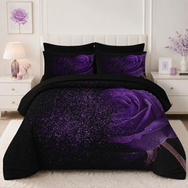 Nesker Comforter Set King Size, Purple Rose 7 Pcs Bedding for Kids and Adults, Fantasy Dream Flower Bed Sheet Sets with Fitted Sheet 2 Pillowcases & 2 Shams