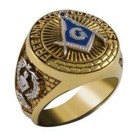 UNIQABLE Handcrafted Square And Compass Masonic Blue Stone Free and Accepted Masons Ring Yellow Version 18k Gold Pld BR-18 (10)