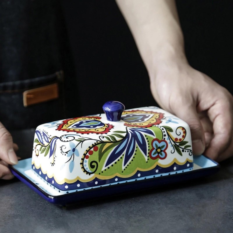 Ceramic Butter Dish with Lid Bohemia Hand Drawn Butter Plate