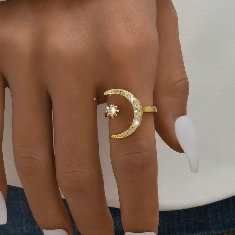 TseenYi Crystal Star Moon Adjustable Ring Gold Crescent Adjustable Ring
