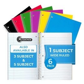 Rosmonde 1 Subject Notebook Wide Ruled, 6 Pack, 70 Sheets (140 Pages), 8 x 10-1/2, 3 Hole Punched Notebooks, Thick No-Bleed Paper, Sturdy Back, Wide Ruled Notebook for School & Office, Assorted Colors