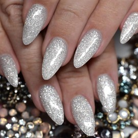 Silver Glitter Press on Nails Medium Almond Fake Nails Finish Full Cover Acrylic False Nails with Designs Press ons Glitter Glue on Nails Glossy Stick on Nails Decoration for Women Girls 24 Pcs