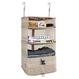 Surblue Hanging 3-Shelf Closet Organizer Foldable Travel Storage Bag for Clothes Washable Oxford Fabric with 2 Hooks Beige L