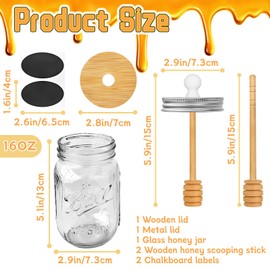 Qinsihwn 16 Oz Glass Honey Jar with Dipper,Glass Honey Pot with Lid,Mason Jar with Wooden Dipper,Wide Mouth Honey Containers for Airtight Syrup,Kitchen,Home