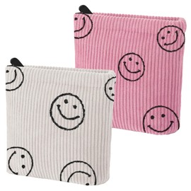 Teircno 2 PCS Preppy Corduroy Period Bag for School Teen Girls, Cute Smiley Face Sanitary Napkin Storage Bag Portable Period Pouch with Zipper, Sanitary Pads Bag Tampons Holder for Purse First Period