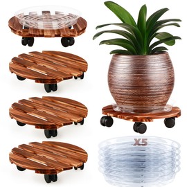 5 Pack Plant Caddy with Wheels Heavy Duty 13.5 Inch Wooden Plant Stand on Wheels Plant Dolly Rolling Plant Stand Plant Roller with Casters for Indoor and Outdoor with 5 Pack Plant Saucers, Round