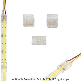 Clearhill 8mm 3Pin 20Pcs Transparent Solderless LED Light Strip Connectors,Strip to Wire Connectors,for Double Color 5V/12V/24V LED Strips,No Soldering Required,Secure Connection.