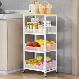 HapiRm Fruit Basket Kitchen Cart - 4-Tier Rolling Storage Cart with Wheels, Fruit Vegetable Basket with Wood Top, Pantry Utility Kitchen Storage Cart for Fruit Potato Onion Vegetable Bread Snack