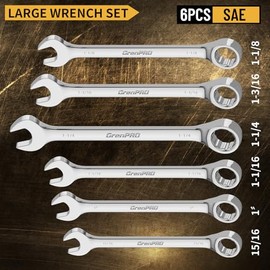 GRENPRO SAE Wrench Set, Large Wrench Set, 7-Piece 15/16", 1", 1-1/16", 1-1/8", 1-3/16", 1-1/4" Long Big Open End Wrench Tools Set Roll Up Pouch Organizer with Gauge, 12 Point Combination Wrenches Sets