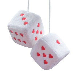 Pair 3” White Fuzzy Plush Dice Heart Shape Decor for Car Rearview Mirror, Retro Square Decoration Dice for Car Hanging Accessories