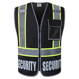 HATAUNKI Retro-Reflection Security Safety Vests Heavy Duty Black Mesh with 5 Pockets and Front Zipper Meet ANSI/ISEA 107-2015 (Black-22, Medium)